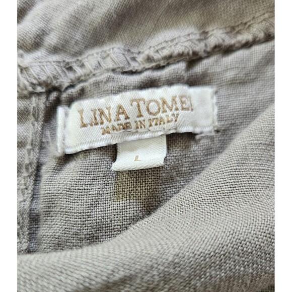 Lina Tomei Tan Gray Linen Embroidered Dress Shift Sz L Lagenlook Minimalistic - Picture 7 of 11